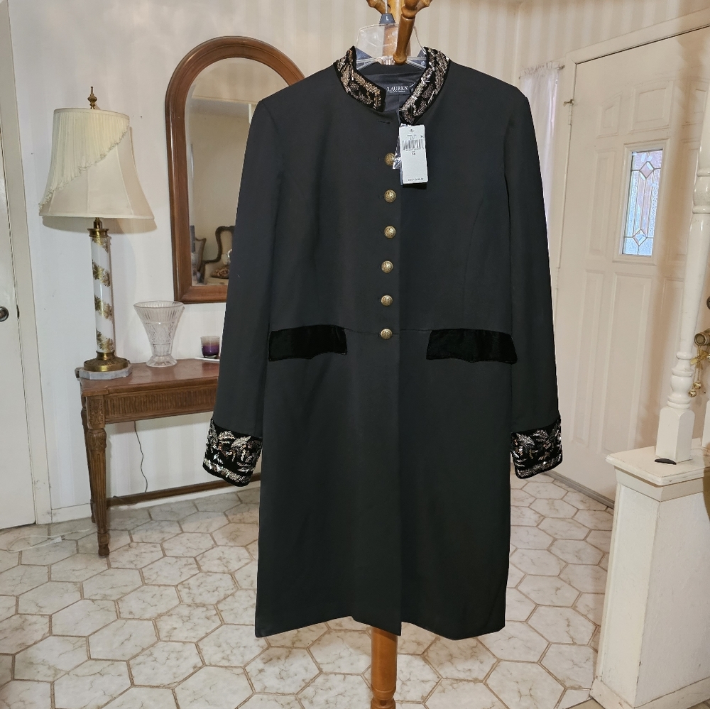 Ralph Lauren Embroidered Velvet & Sequins Trim Tricotine Coat - Picture 2 of 8